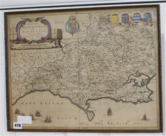 Blaeu, coloured engraving, Map of Dorcestria (Dorset), 38 x 50cm